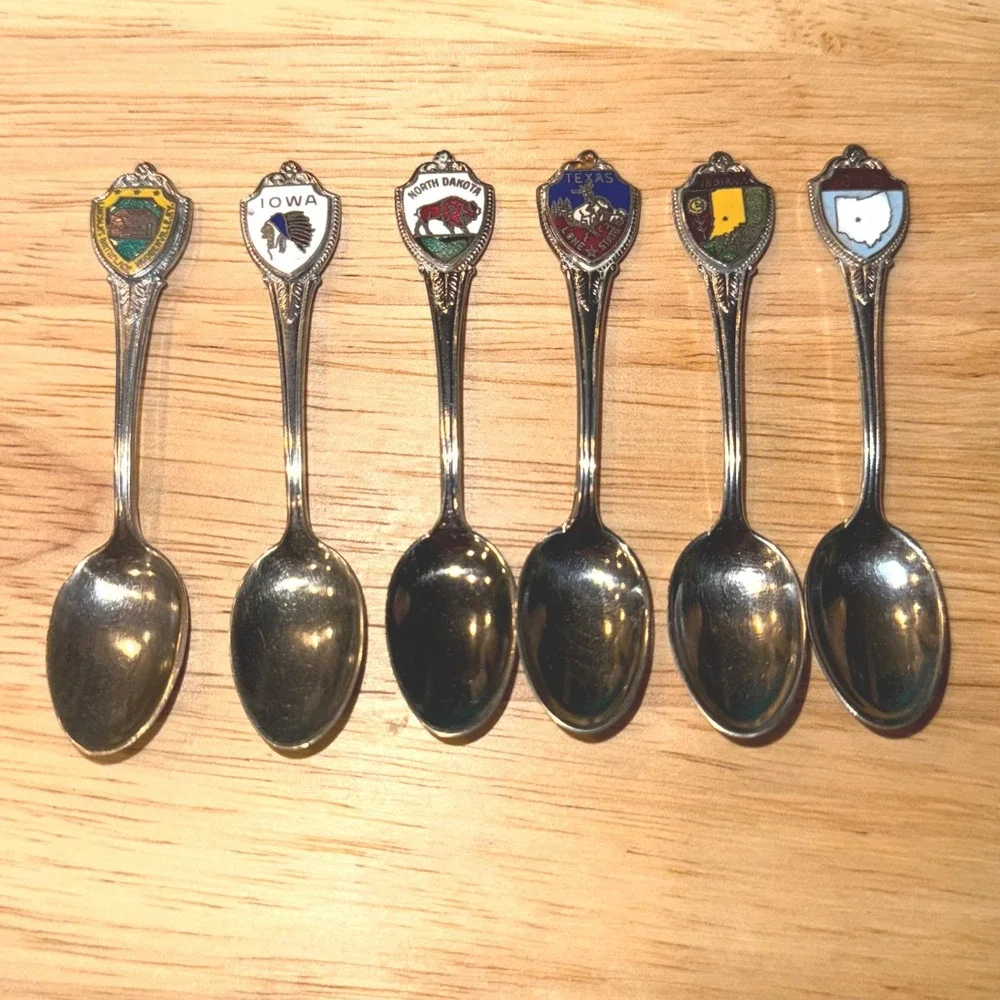 Set of 6 Vintage Enco Inc Enamel State Souvenir Spoons N‎ Dakota Iowa Ohio Texas